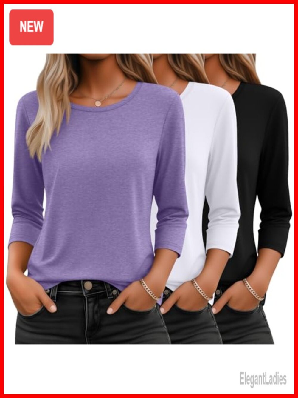 3/4 Sleeve Tops for Women 3 Pack Crewneck Loose Fit Basic Tee Shirts